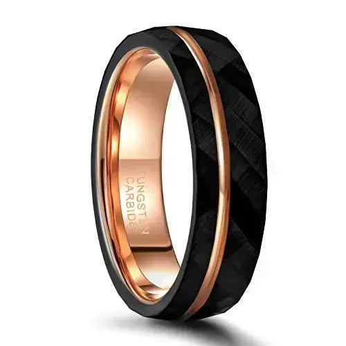 Black Tungsten Rings Rose Gold Groove Hammered Wedding Band Comfort Fit - 6mm / 10