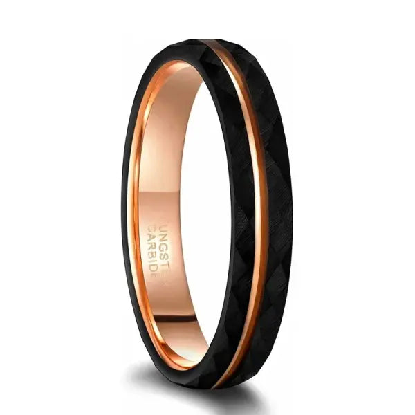 Black Tungsten Rings Rose Gold Groove Hammered Wedding Band Comfort Fit - 4mm / 12