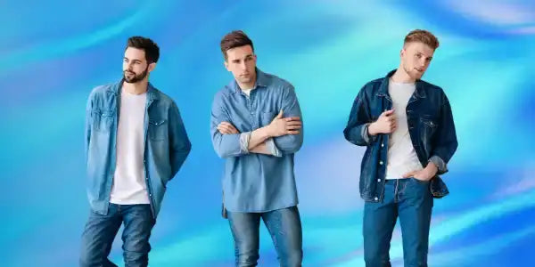 Blue denim jacket with white shirt and jeans, casual wear.