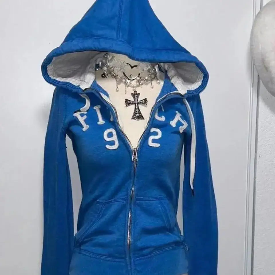 Blue Y2K Design Slim Cardigan Jacket Sweatshirt Women Autumn and Winter Gothic American Retro Casual Top Loose