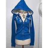 Blue Y2K Design Slim Cardigan Jacket Sweatshirt Women Autumn and Winter Gothic American Retro Casual Top Loose