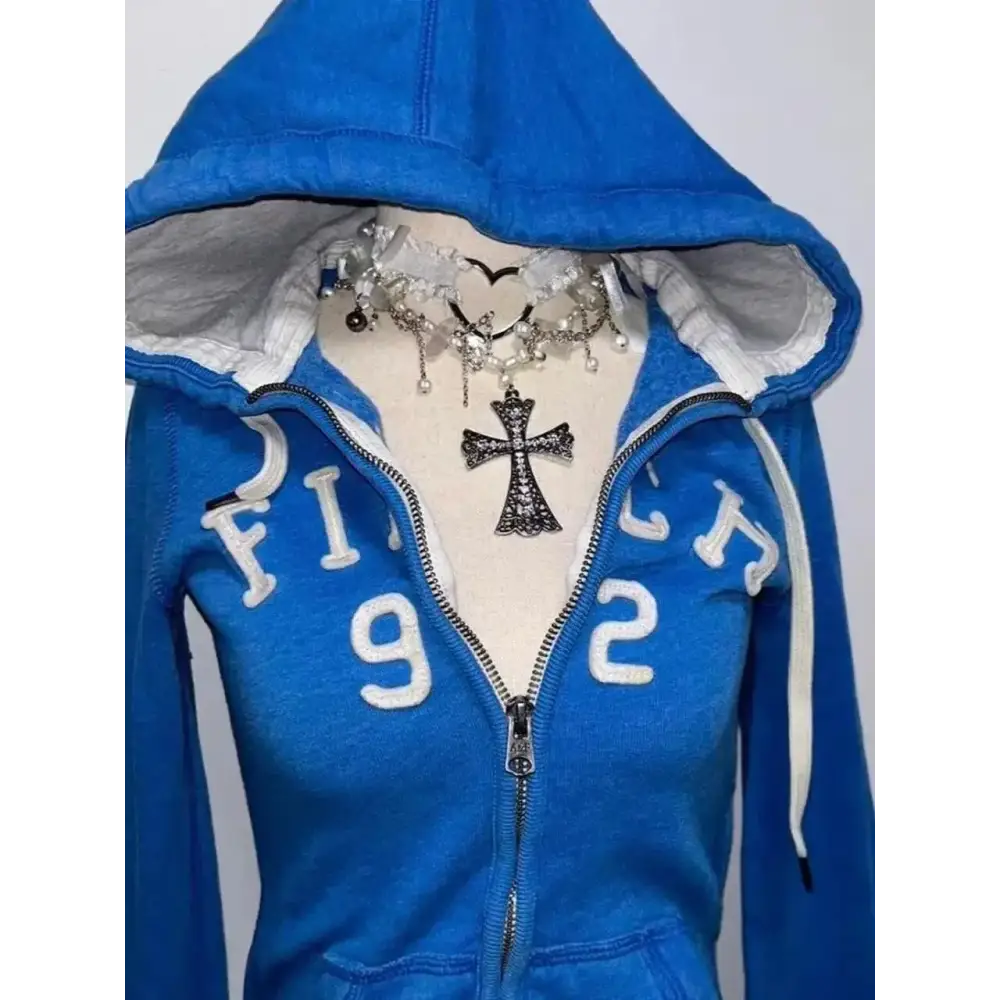 Blue Y2K Design Slim Cardigan Jacket Sweatshirt Women Autumn and Winter Gothic American Retro Casual Top Loose