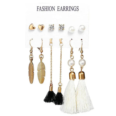 Bohemian Earrings Set with Tassel Pearl and Geometric Hoops - Himpall