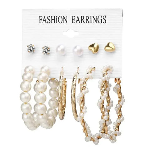 Bohemian Earrings Set with Tassel Pearl and Geometric Hoops - Himpall