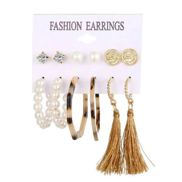 Bohemian Earrings Set with Tassel Pearl and Geometric Hoops - Himpall
