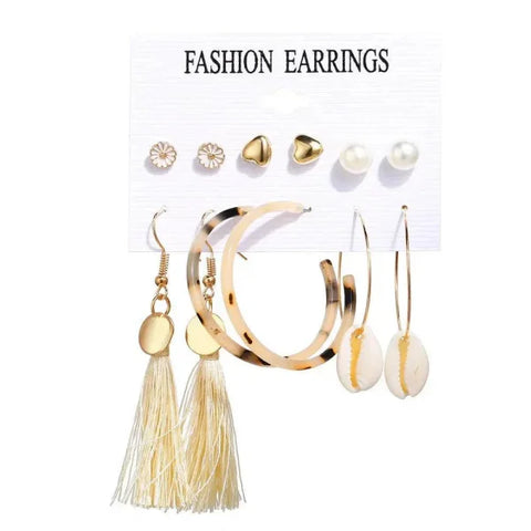 Bohemian Earrings Set with Tassel Pearl and Geometric Hoops - Himpall