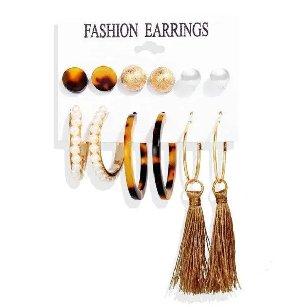 Bohemian Earrings Set with Tassel Pearl and Geometric Hoops - Himpall