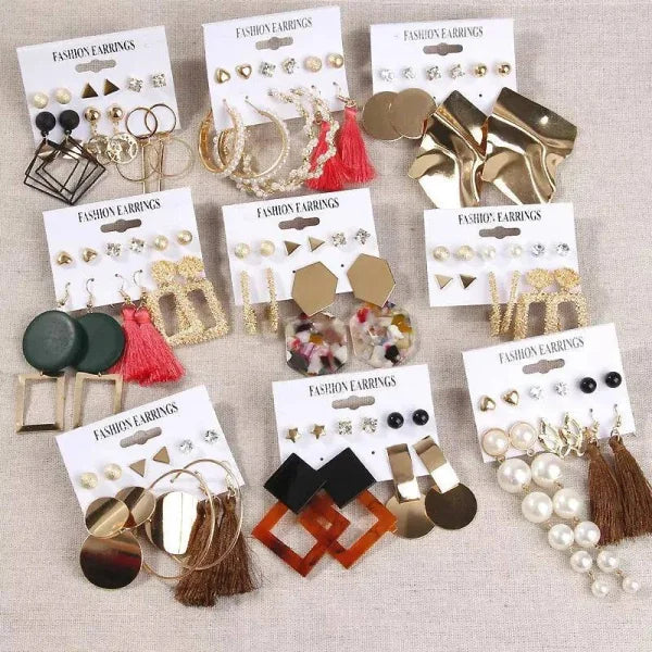 Bohemian Earrings Set with Tassel Pearl and Geometric Hoops - Himpall