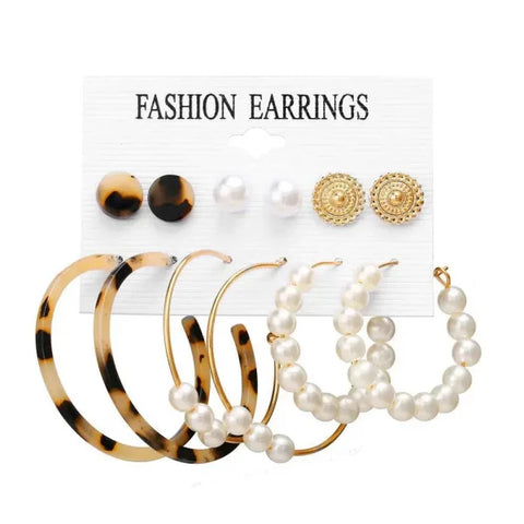 Bohemian Earrings Set with Tassel Pearl and Geometric Hoops - Himpall