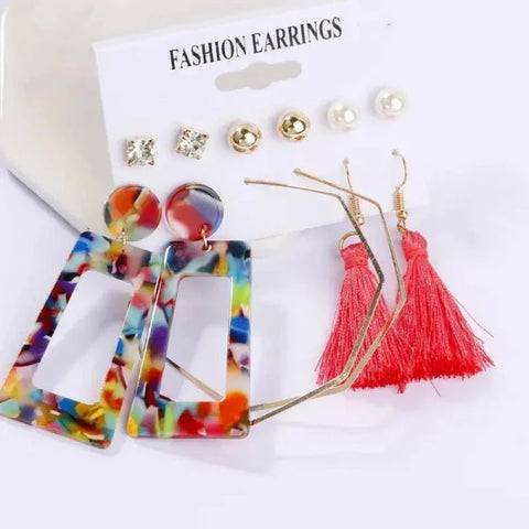Bohemian Earrings Set with Tassel Pearl and Geometric Hoops - Himpall