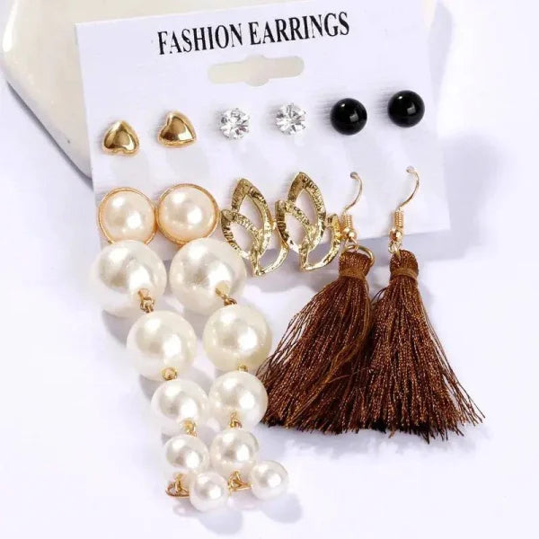Bohemian Earrings Set with Tassel Pearl and Geometric Hoops - Himpall