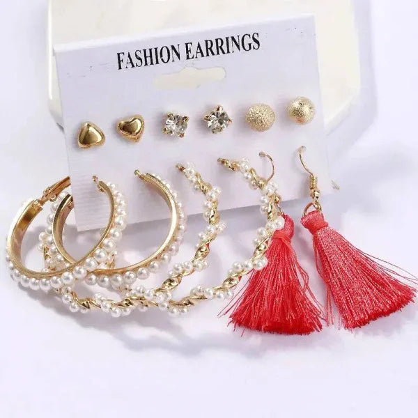Bohemian Earrings Set with Tassel Pearl and Geometric Hoops - Himpall