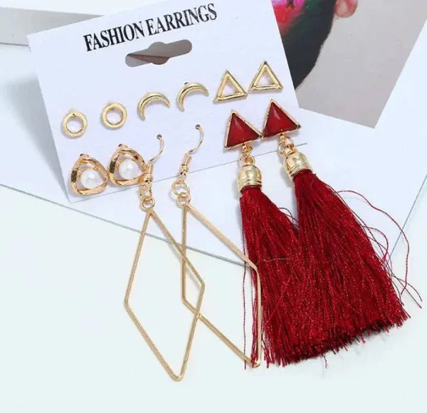 Bohemian Earrings Set with Tassel Pearl and Geometric Hoops - Himpall