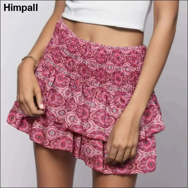 Bohemian Skirt with Vintage Floral Print - Trendy Mini Skirt - 1-Hot Pink / M / United States