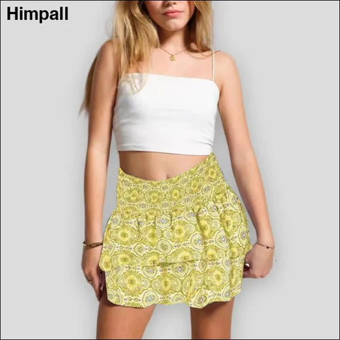 Bohemian Skirt with Vintage Floral Print - Trendy Mini Skirt - 2-Yellow / XS / United States