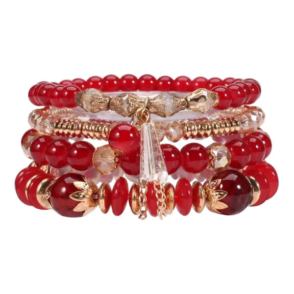 Bohemian Stackable Bead Bracelets for Women Multilayered Bracelet Pendant Charm Stretch Bangles - red