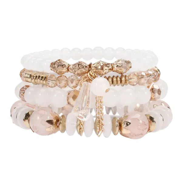 Bohemian Stackable Bead Bracelets for Women Multilayered Bracelet Pendant Charm Stretch Bangles - white