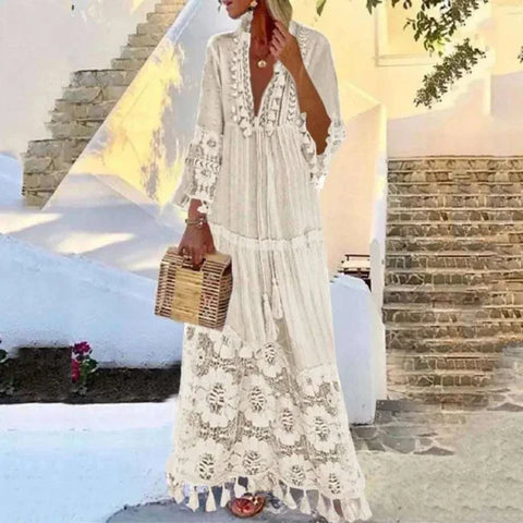 Bohemian Dress – Bohemian V-Neck Tassel Dress for Women - Beige / XXXL / United States