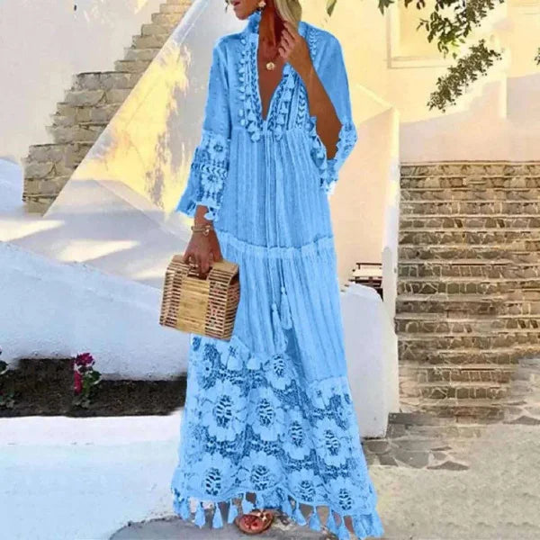 Bohemian Dress – Bohemian V-Neck Tassel Dress for Women - Light blue / XXXL / CHINA