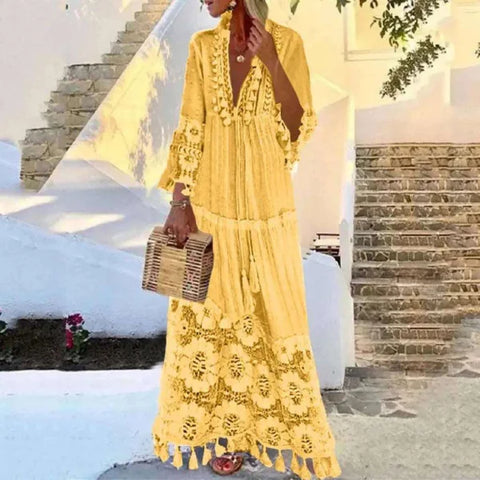 Bohemian Dress – Bohemian V-Neck Tassel Dress for Women - Yellow / L / CHINA