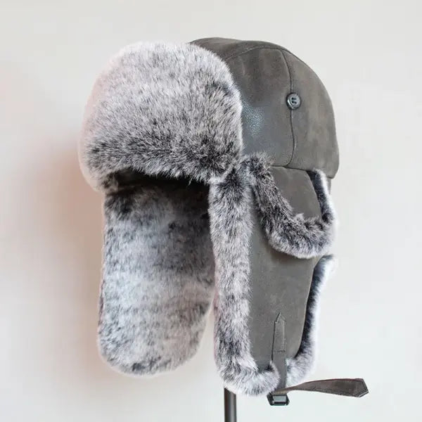 Winter Bomber Hat – Men’s & Women’s Russian Ushanka with PU Leather Fur Ear Flaps Warm Trapper Cap - black white