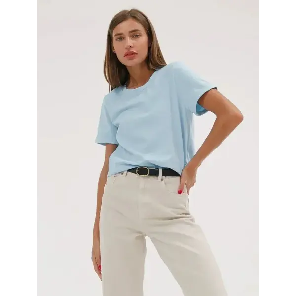 Bornladies Summer 100% Cotton Women’s T-Shirt – Loose Solid Short Sleeve Top - Ice Blue / S