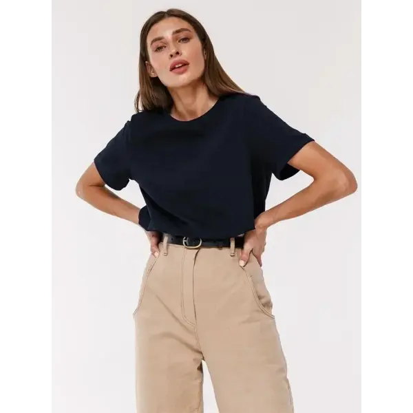 Bornladies Summer 100% Cotton Women’s T-Shirt – Loose Solid Short Sleeve Top - Navy Blue（ AE existing skus） / S