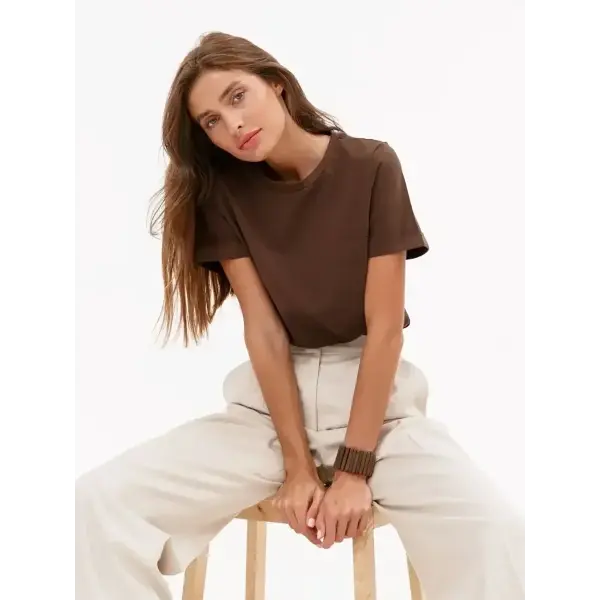 Bornladies Summer 100% Cotton Women’s T-Shirt – Loose Solid Short Sleeve Top - Coffee / 4XL