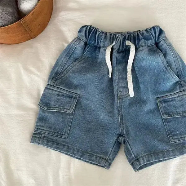 Boys Denim Cargo Shorts with Elastic Waist 2-8Y for Casual Summer Wear - Blue / 130 for 6T