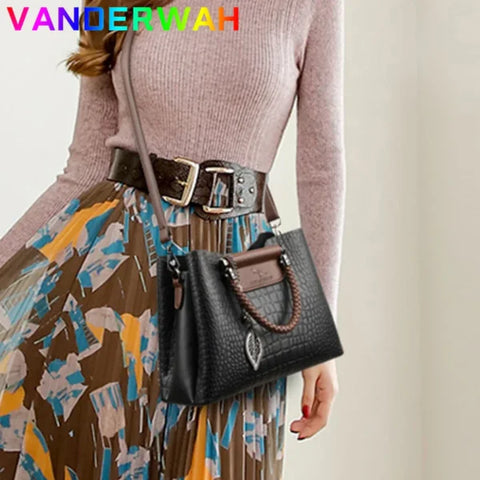 Brand Leather 3-Layer Alligator Crossbody Bag for Women - Luxury Designer Shoulder Messenger Handbag - Himpall