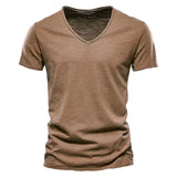 100% Cotton Men’s V-Neck T-Shirt – Slim Fit Solid Short Sleeve Tee - F037-V-Camel / CN Size S 50-55kg