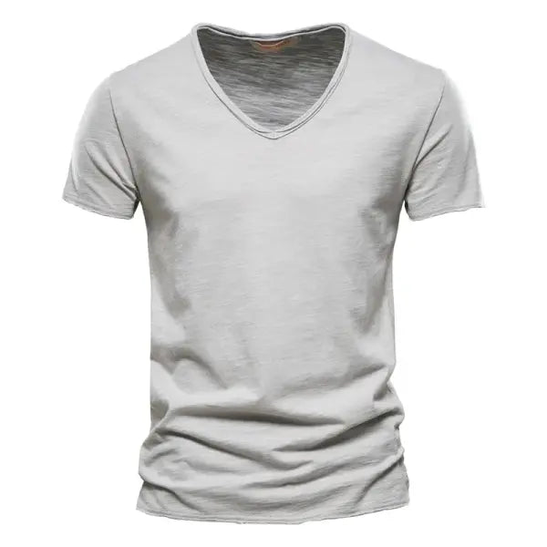 100% Cotton Men’s V-Neck T-Shirt – Slim Fit Solid Short Sleeve Tee - F037-V-SilverGray / CN Size S 50-55kg