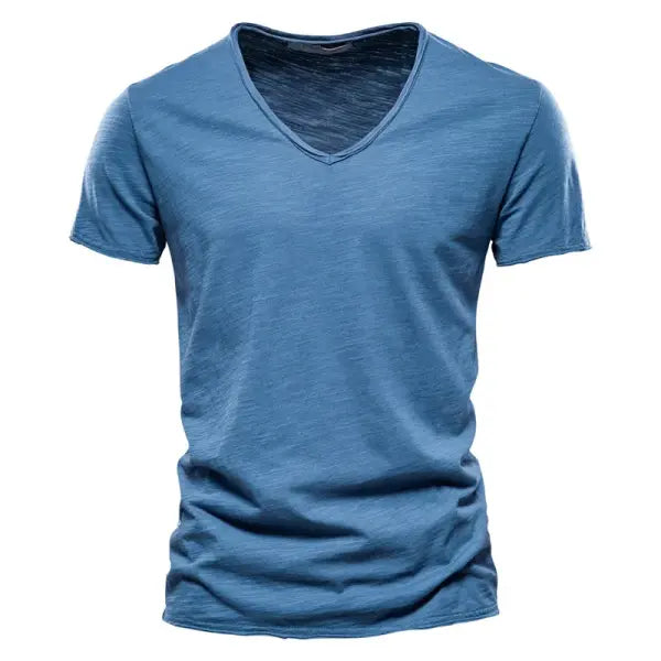 100% Cotton Men’s V-Neck T-Shirt – Slim Fit Solid Short Sleeve Tee - F037-V-JeansBlue / CN Size XXXL 88-95kg
