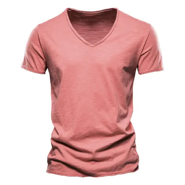 100% Cotton Men’s V-Neck T-Shirt – Slim Fit Solid Short Sleeve Tee - F037-V-Red / CN Size M 55-65kg