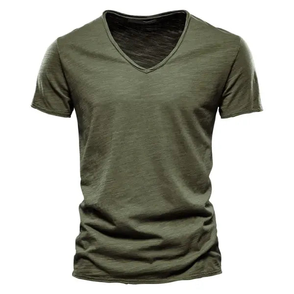 100% Cotton Men’s V-Neck T-Shirt – Slim Fit Solid Short Sleeve Tee - F037-V-ArmyGreen / CN Size XXXL 88-95kg