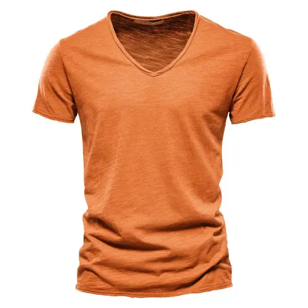 100% Cotton Men’s V-Neck T-Shirt – Slim Fit Solid Short Sleeve Tee - F037-V-Turmeric / CN Size M 55-65kg