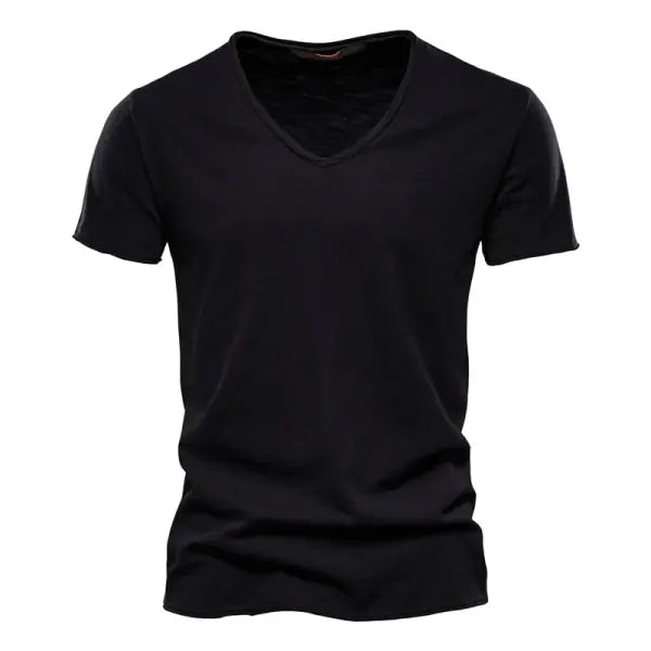 100% Cotton Men’s V-Neck T-Shirt – Slim Fit Solid Short Sleeve Tee - F037-V-Black / CN Size L 65-72kg