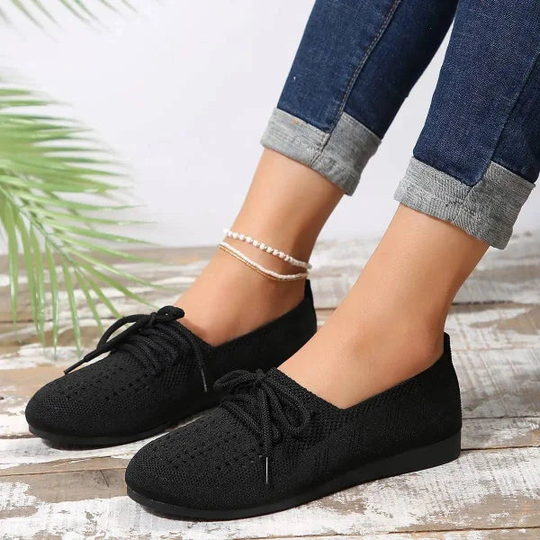 Lace-up Flats Women Fashion Breathable Lazy Mesh Shoes - Black / Size36