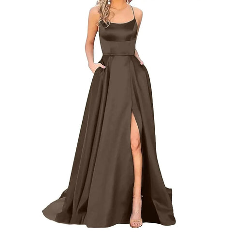 Bridesmaid Dress – Elegant Formal Dress with Spaghetti Straps - Brown-B / XXXL / United States