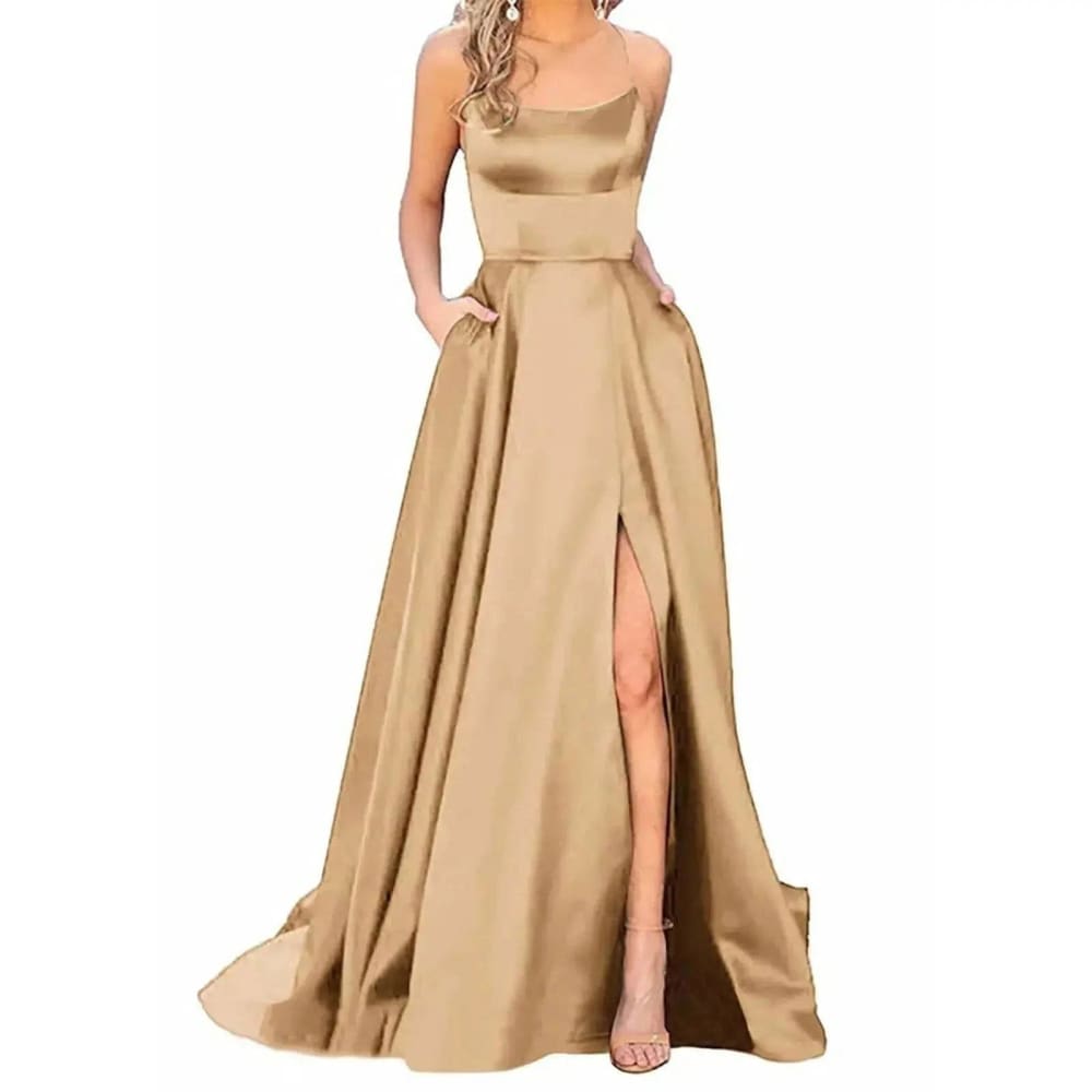 Bridesmaid Dress – Elegant Formal Dress with Spaghetti Straps - Khaki-A / L / CN