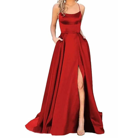 Bridesmaid Dress – Elegant Formal Dress with Spaghetti Straps - Red-A / L / CN