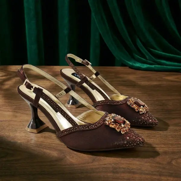 Rhinestone slingback evening clutch pumps brown satin wedding shoes