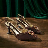 Rhinestone slingback evening clutch pumps brown satin wedding shoes