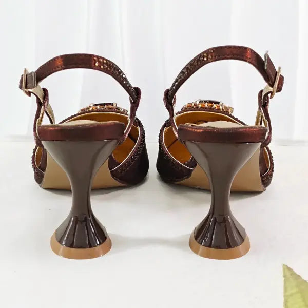 Rhinestone slingback evening clutch pumps brown satin wedding shoes