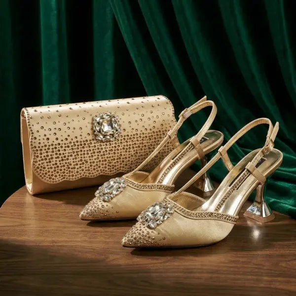 Rhinestone slingback evening clutch pumps brown satin wedding shoes - Gold / 38 / China Mainland
