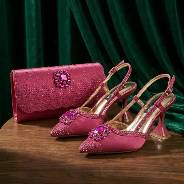 Rhinestone slingback evening clutch pumps brown satin wedding shoes - Fuchsia / 41 / China Mainland