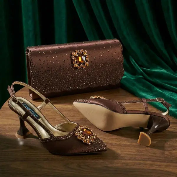 Rhinestone slingback evening clutch pumps brown satin wedding shoes
