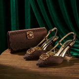 Rhinestone slingback evening clutch pumps brown satin wedding shoes - Brown / 40 / China Mainland