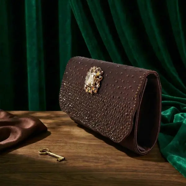 Rhinestone slingback evening clutch pumps brown satin wedding shoes