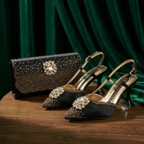 Rhinestone slingback evening clutch pumps brown satin wedding shoes - Black / 38 / China Mainland